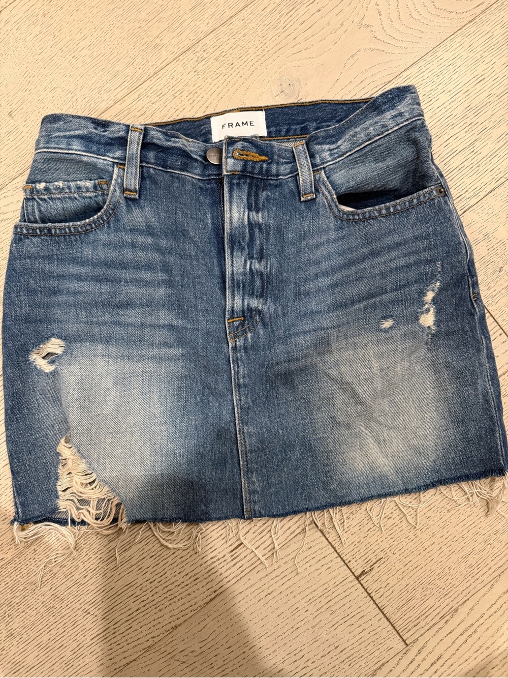 Frame Denim Faded Blue Distressed Mini Skirt